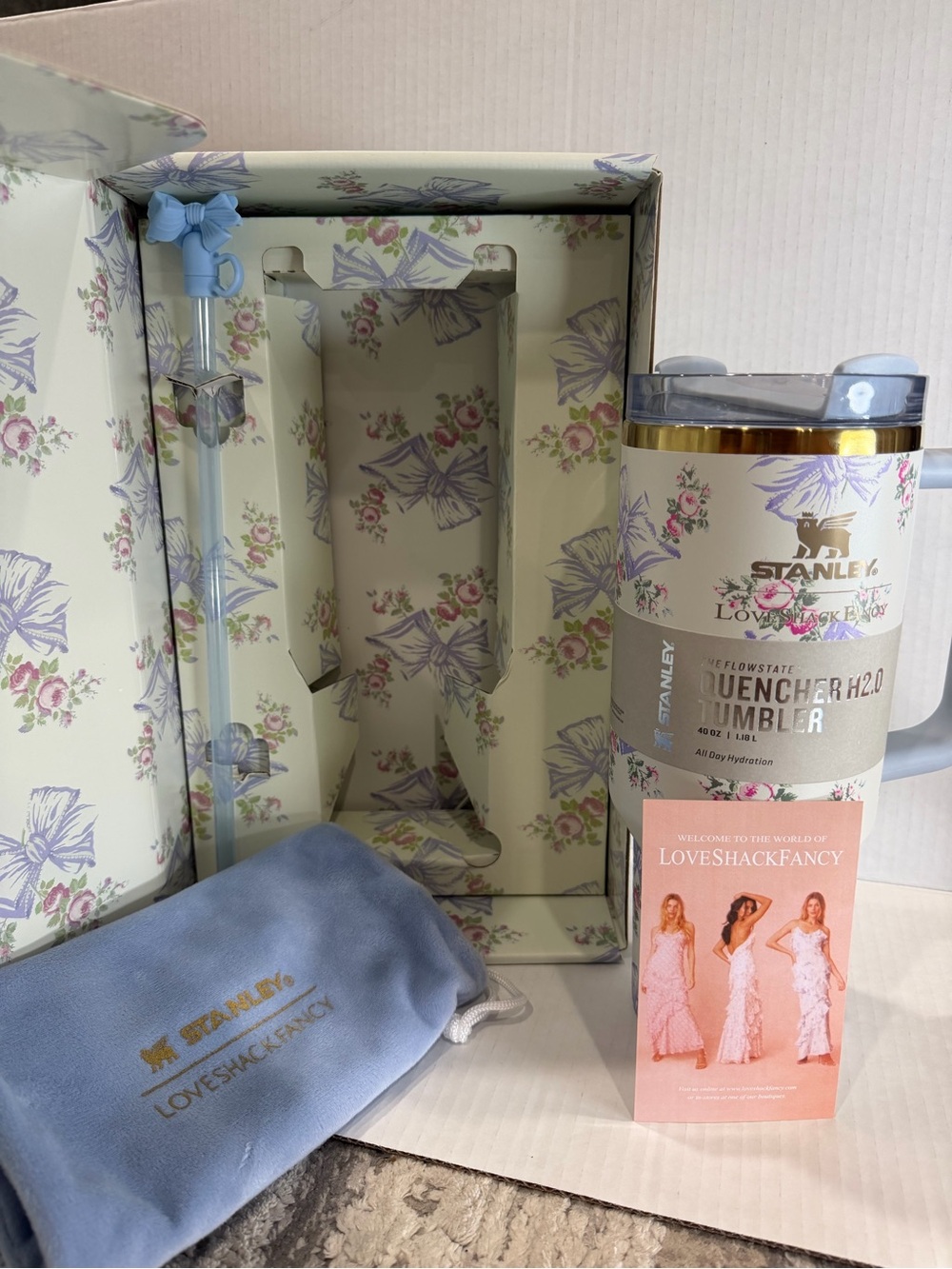 LoveShackFancy Floral Light Blue & Cream Insulated Tumbler Gift Set